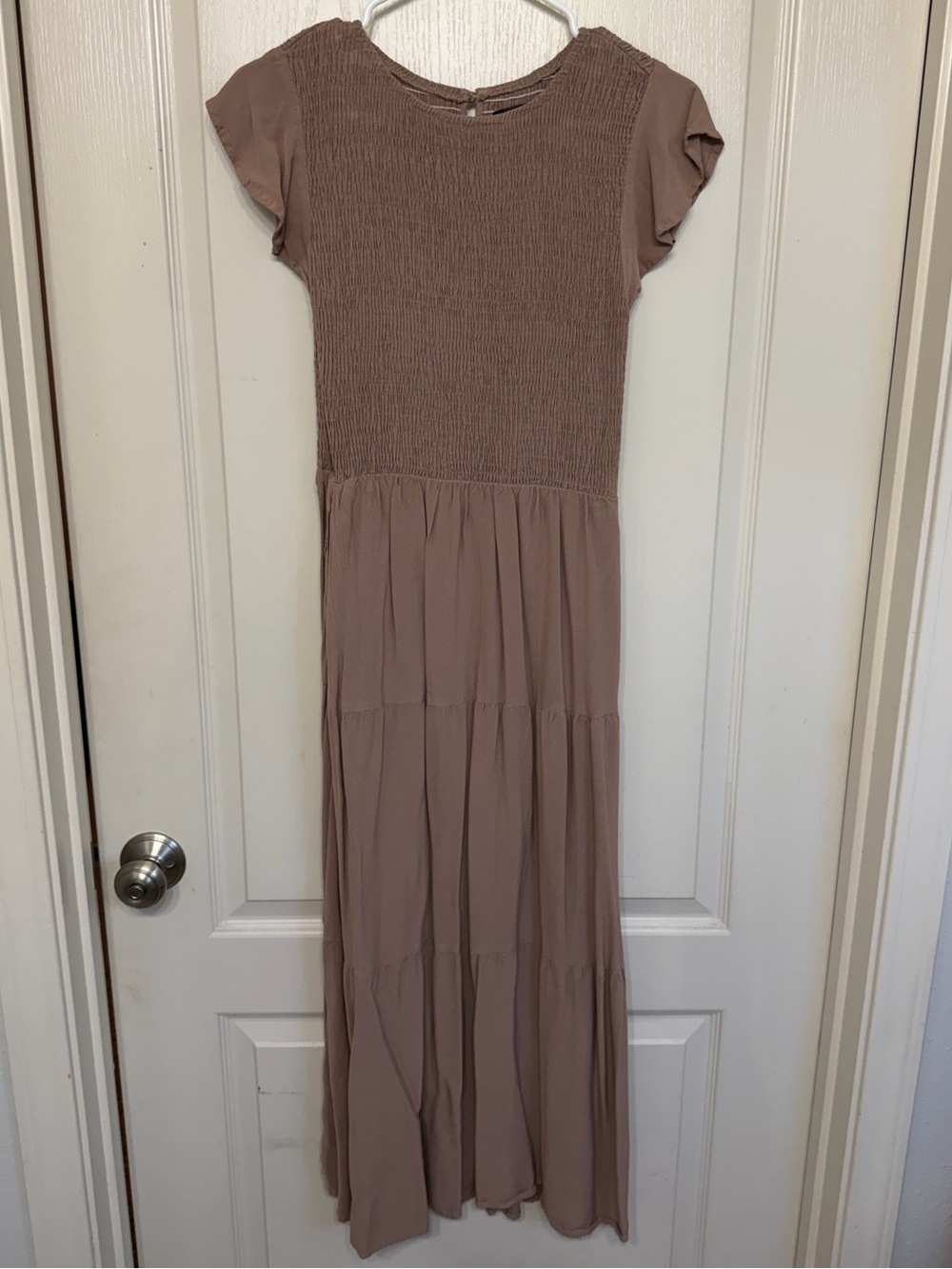 Smocked Short Sleeve Maxi Dress in Taupe